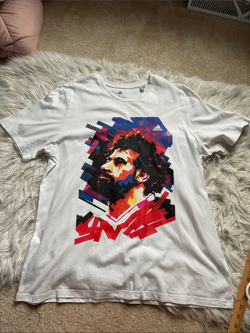 adidas White Short-Sleeve Tee with Multicolor Graphic Portrait